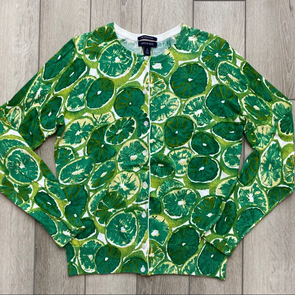 SOLD - Lands’ End Lime Print Cardigan Sweater
